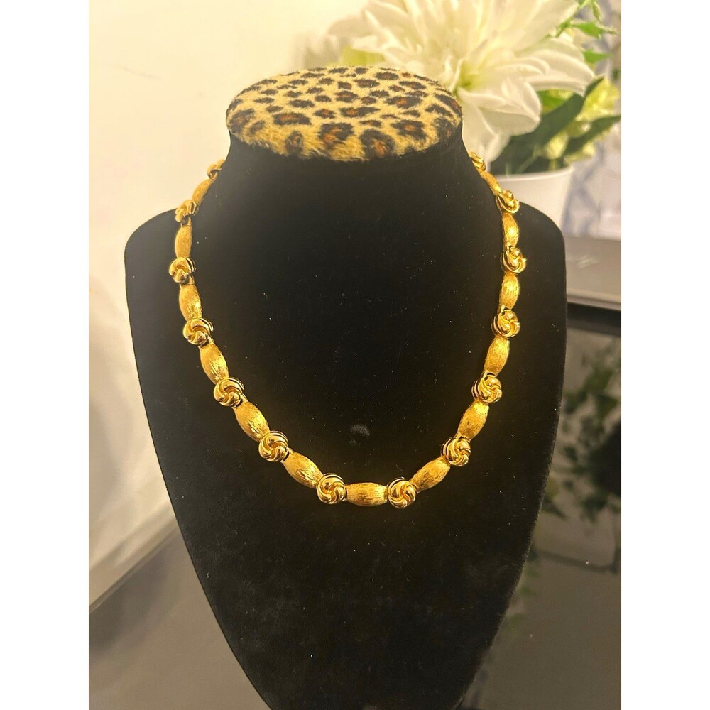 Monet Gold Tone Textured Chain Necklace Knot Design Tag Hook Closure Metal
